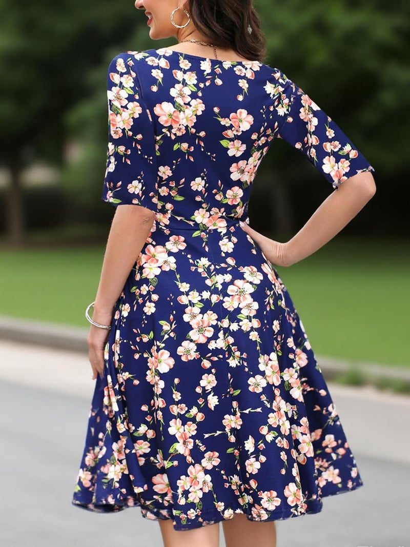 oxiuly Women's Vintage Criss-Cross Necklines Half Sleeve Floral Casual Work Party Cocktail Stretch Swing Dress OX233 (M, Navy Blue F5) - Image 5